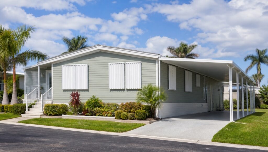 Fort Myers mobile home with storm shutters for wind mitigation insurance