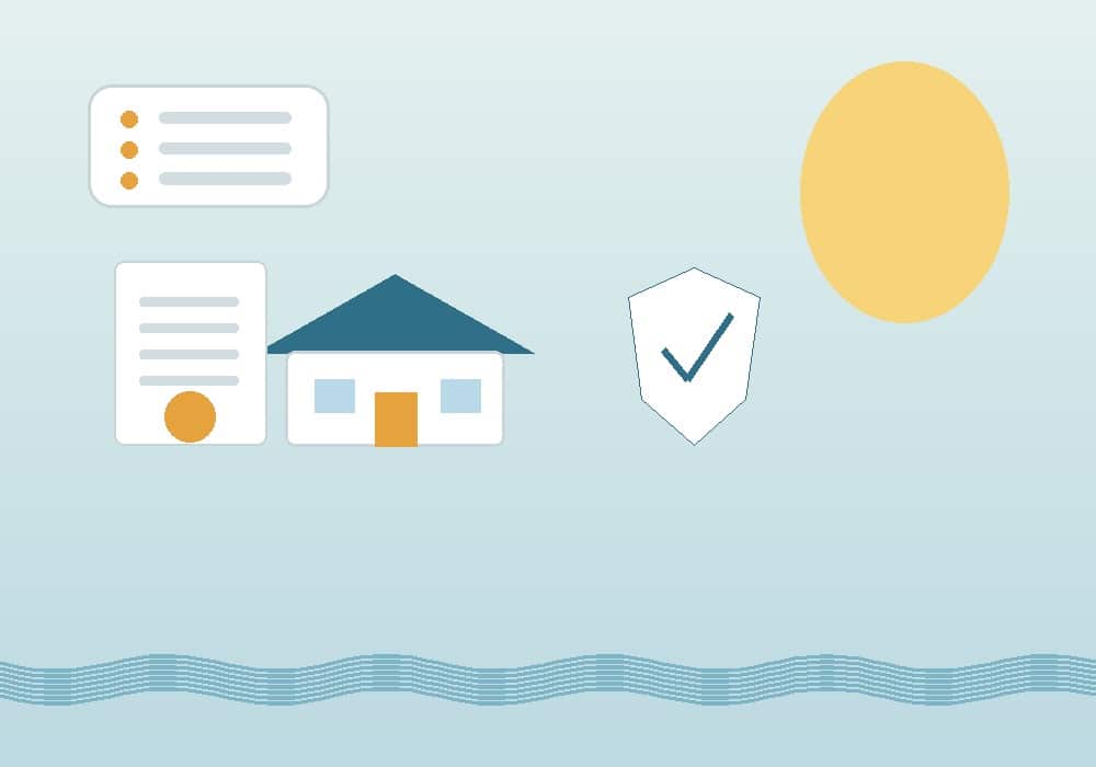 Flat illustration of a home insurance checklist, policy document, house, and protection shield