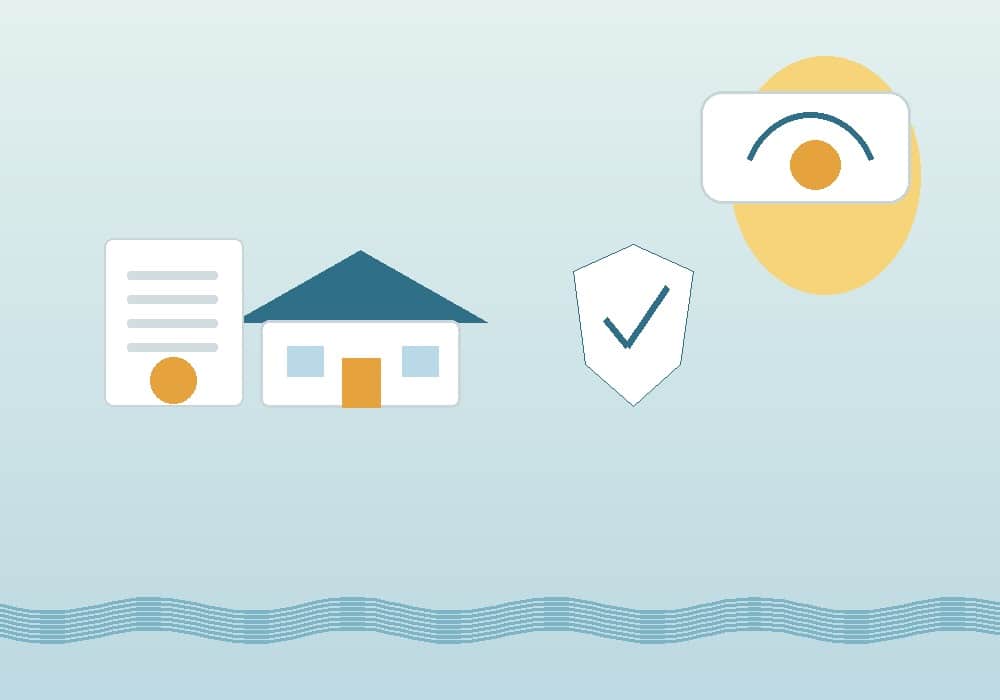 Flat illustration of a home insurance policy and house reviewed under a magnifying glass