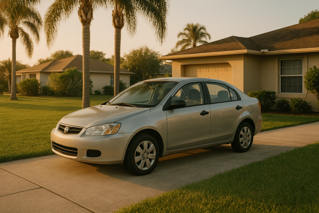 Teenage driver's first sedan parked in a Fort Myers, Florida driveway