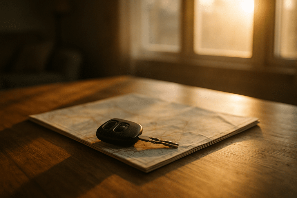 Car key and folded road map on a table for a new driver