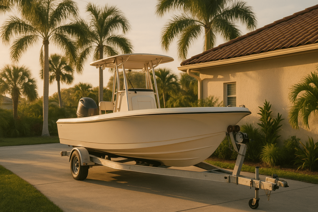 Center-console fishing boat on a galvanized trailer in a Southwest Florida driveway