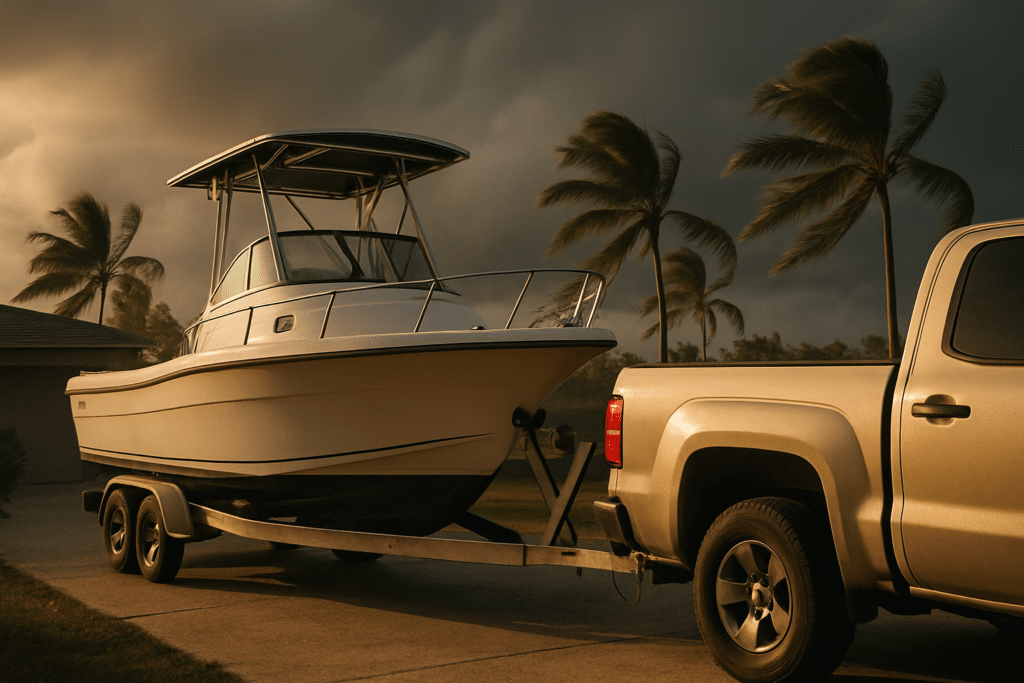 Boat on a trailer hitched to a pickup truck before a coastal storm