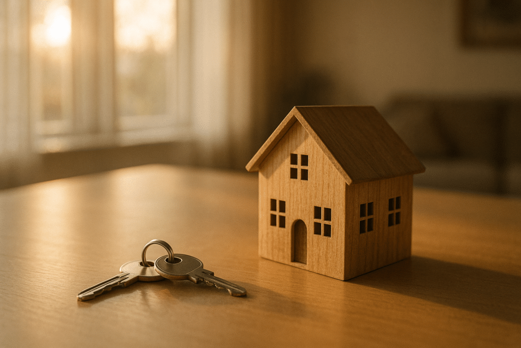 House keys beside a small wooden model house on a table