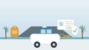 Featured illustration with keys, learner permit card, backpack, and car for Fort Myers teen driver insurance