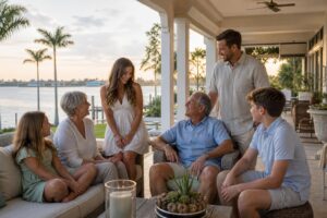 Multigenerational family relaxing on a waterfront lanai at a Southwest Florida home