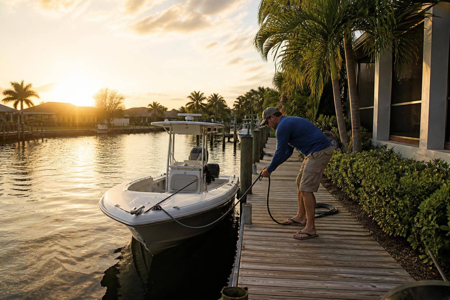 A boat docked at a private residential dock on a Southwest Florida canal at sunset