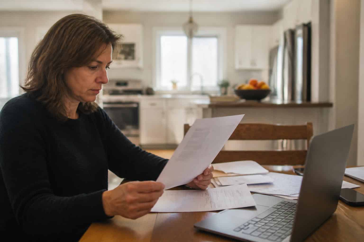 A homeowner reviewing a home insurance policy document at a kitchen table with a laptop