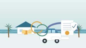 Featured illustration with coastal canal, bridge, home, car, and policy documents for a Bonita Springs insurance bundle review