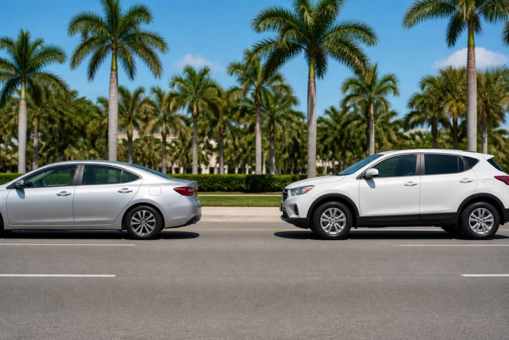 Two cars traveling in separate lanes on a palm-lined Southwest Florida boulevard