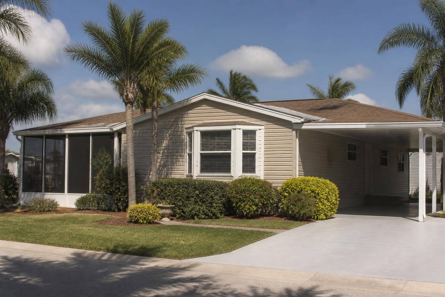 A well-maintained manufactured home with a clean shingle roof in Southwest Florida