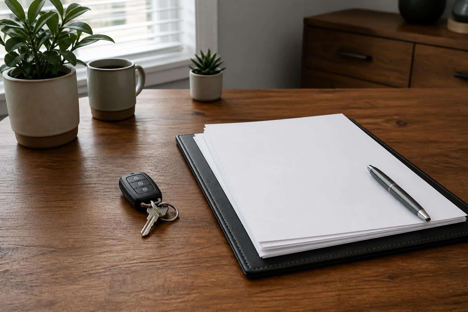 An auto insurance policy review at a tidy desk with blank pages and car keys