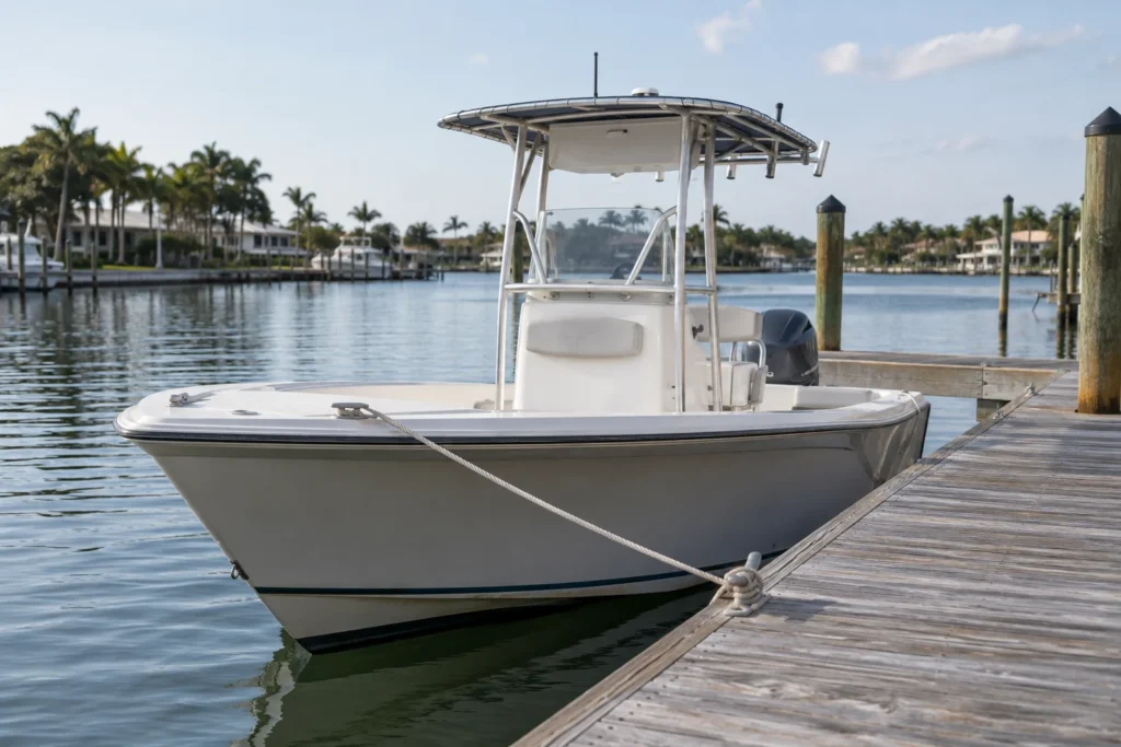 Recreational motorboat moored beside a marina dock