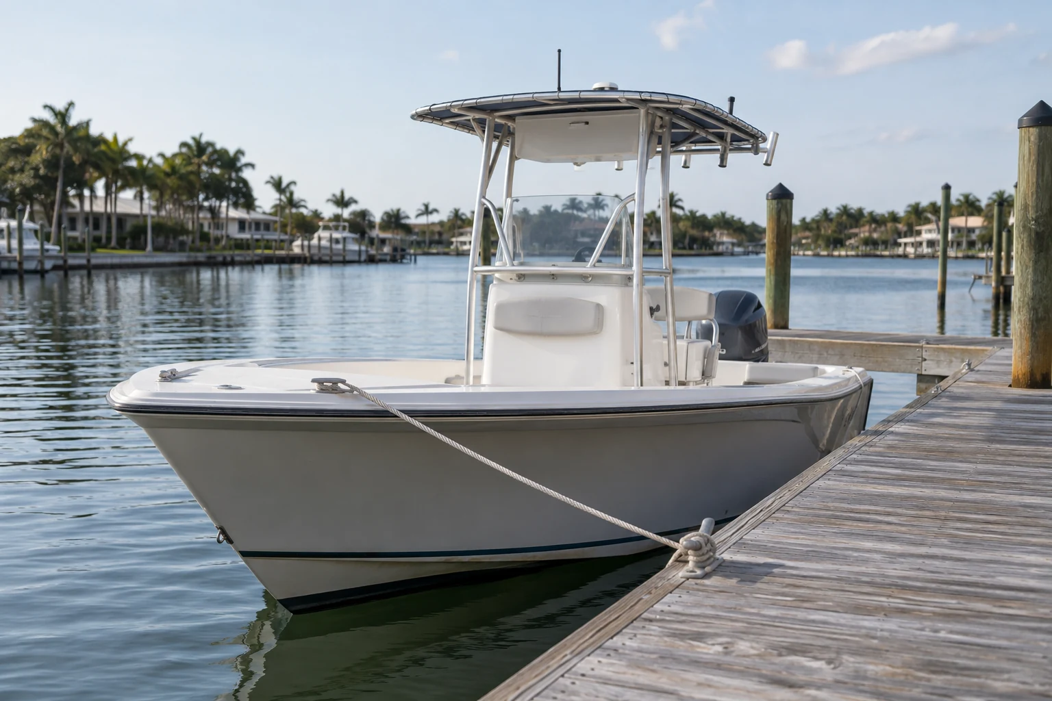 Recreational motorboat moored beside a marina dock