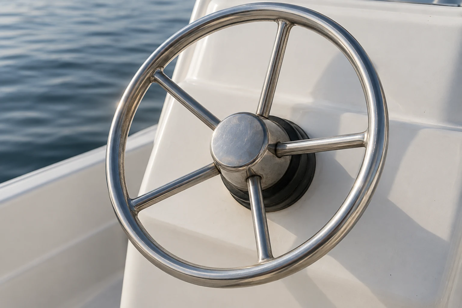 Steering wheel on a recreational boat console