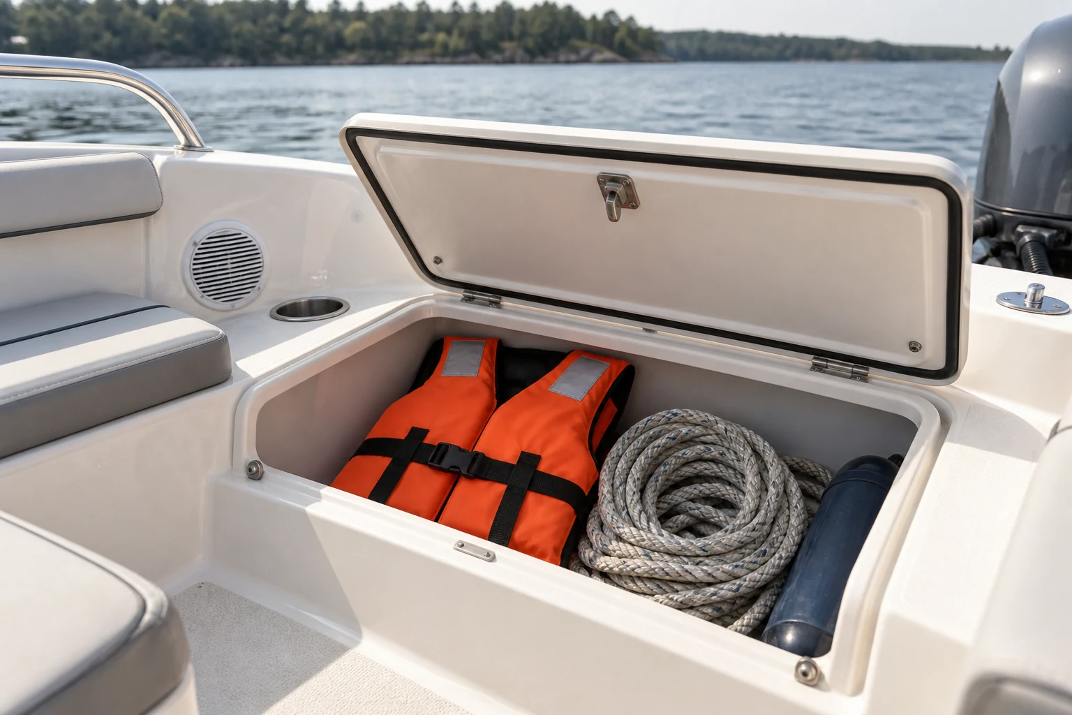 Life jacket and dock line in a boat storage compartment