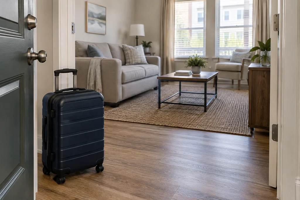 Suitcase beside the doorway of a furnished apartment