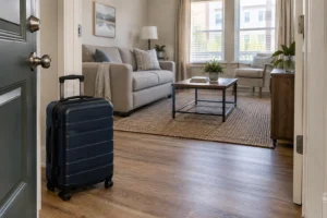 Suitcase beside the doorway of a furnished apartment