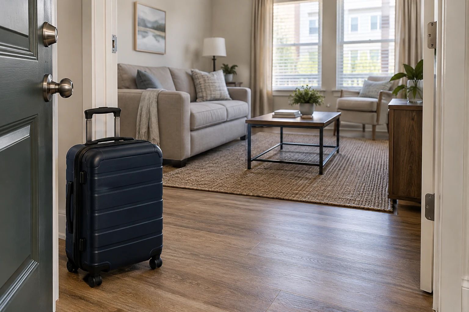 Suitcase beside the doorway of a furnished apartment