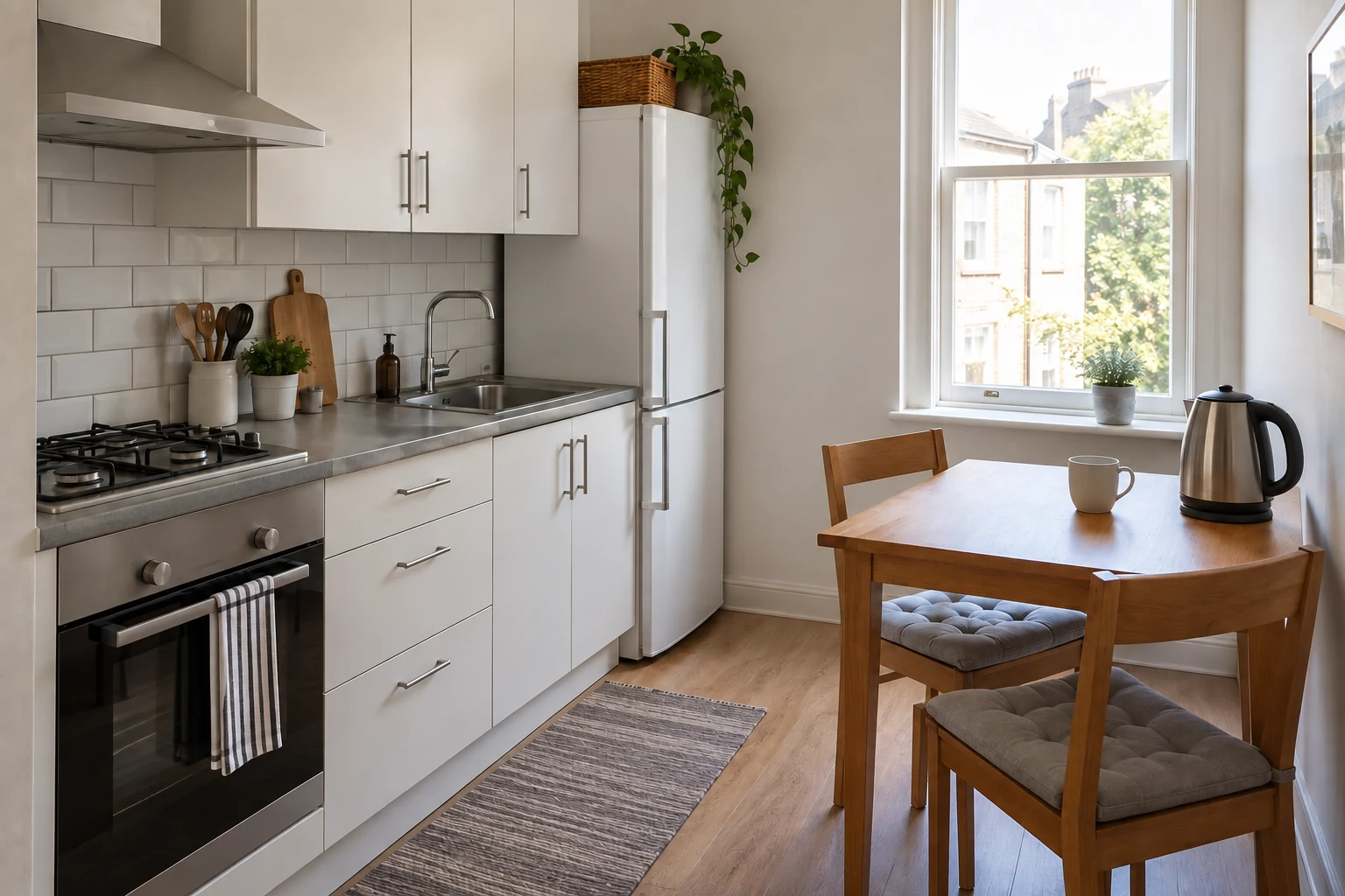 Compact kitchen and dining area in a furnished apartment