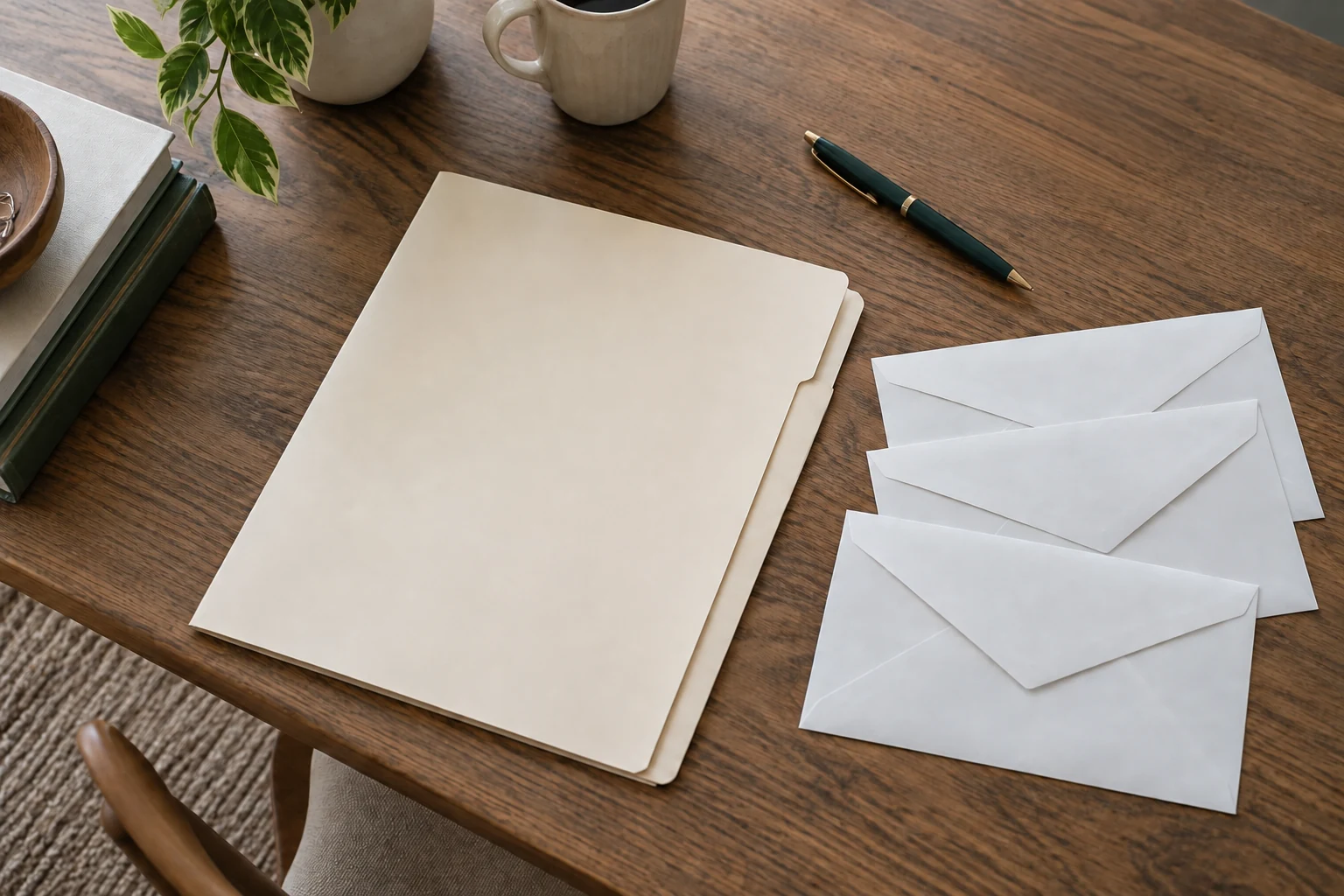 Folder and envelopes arranged on a household desk
