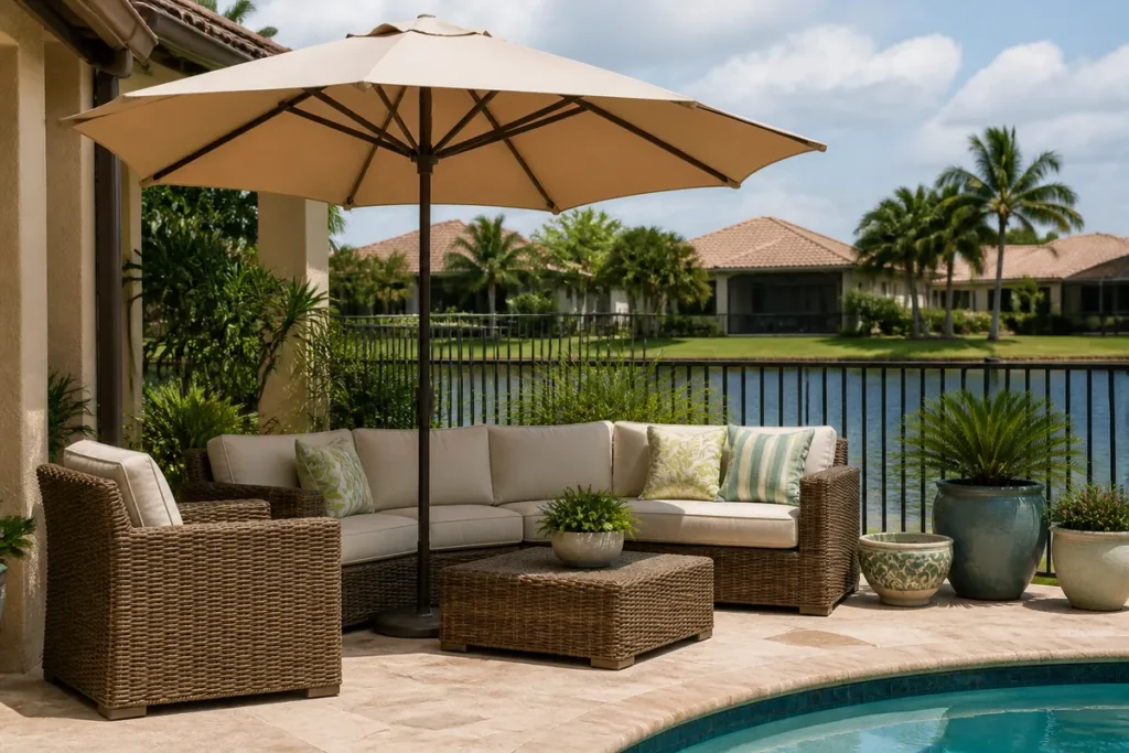 Outdoor patio umbrella shading a seating area beside a pool at a Southwest Florida home