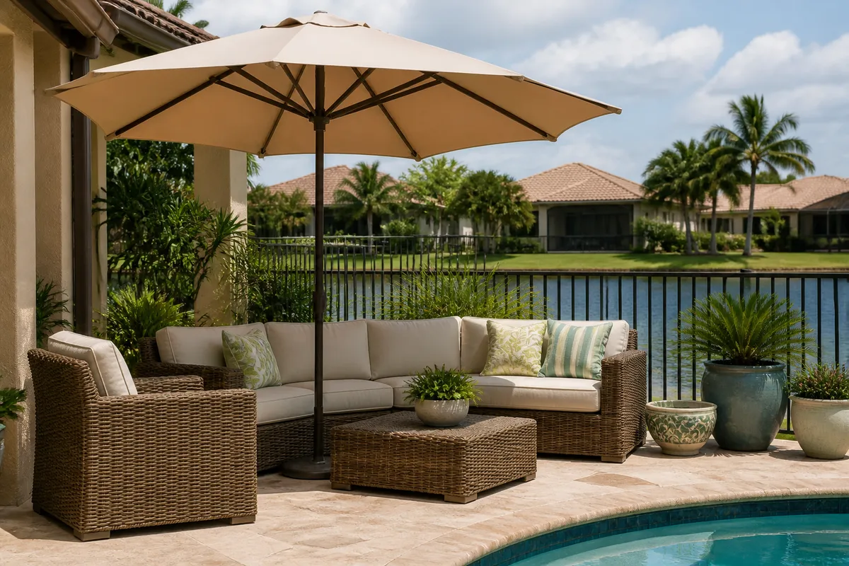 Outdoor patio umbrella shading a seating area beside a pool at a Southwest Florida home