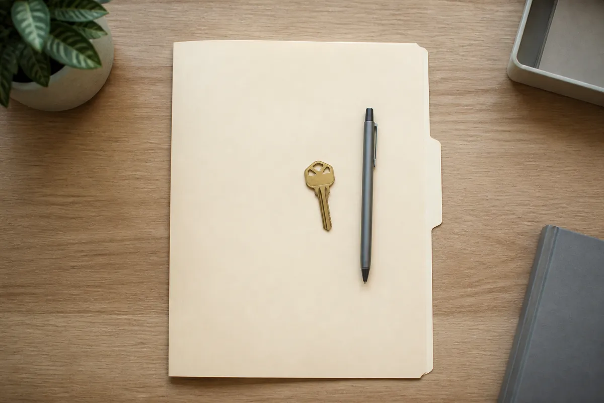 Folder, house key, and pen arranged on a desk